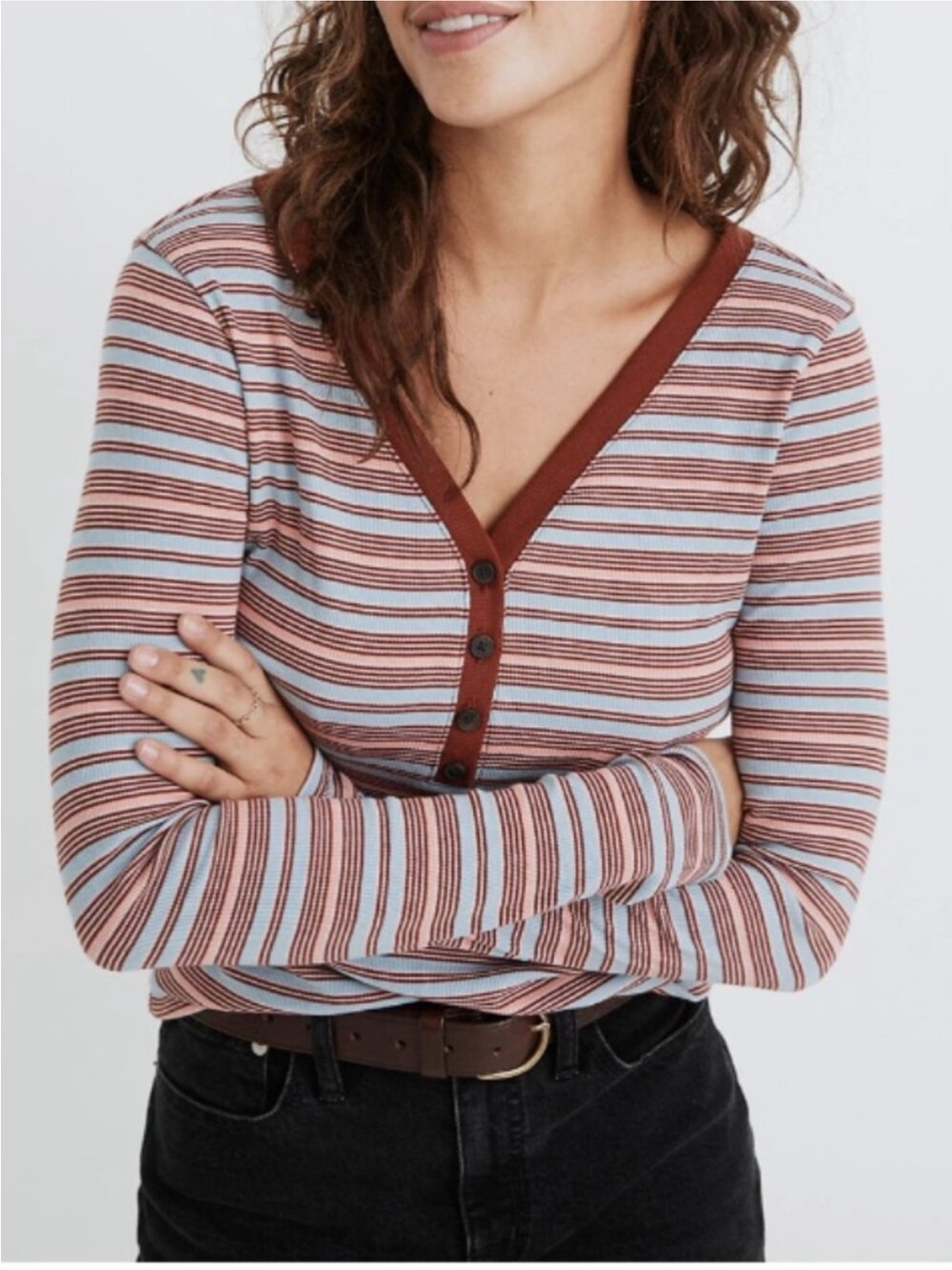 Madewell Striped Long-Sleeve Fine Ribbed Henley V-Neck Tee Size Small Minimalist